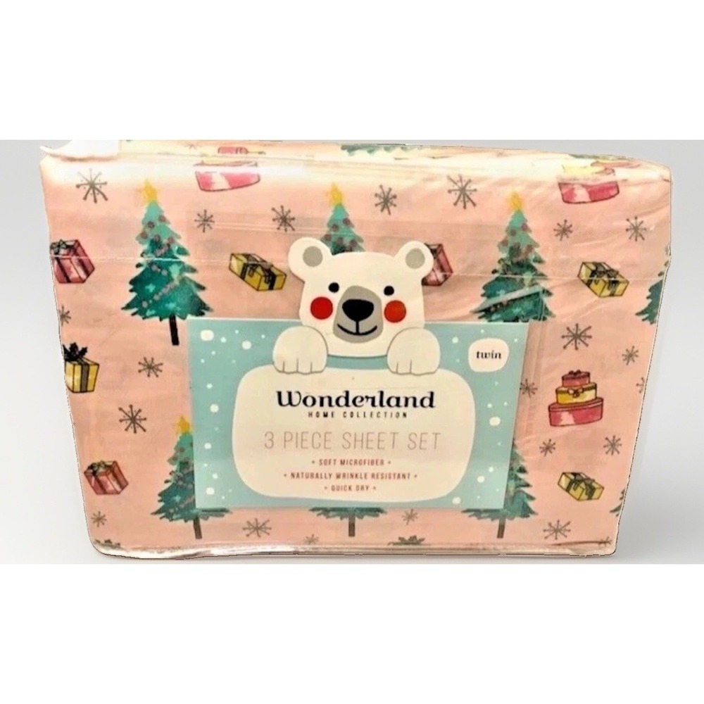 VTG Christmas Sheet Set Twin Bed Wonderland Pink 3PC Kids Bedding Holiday NOS